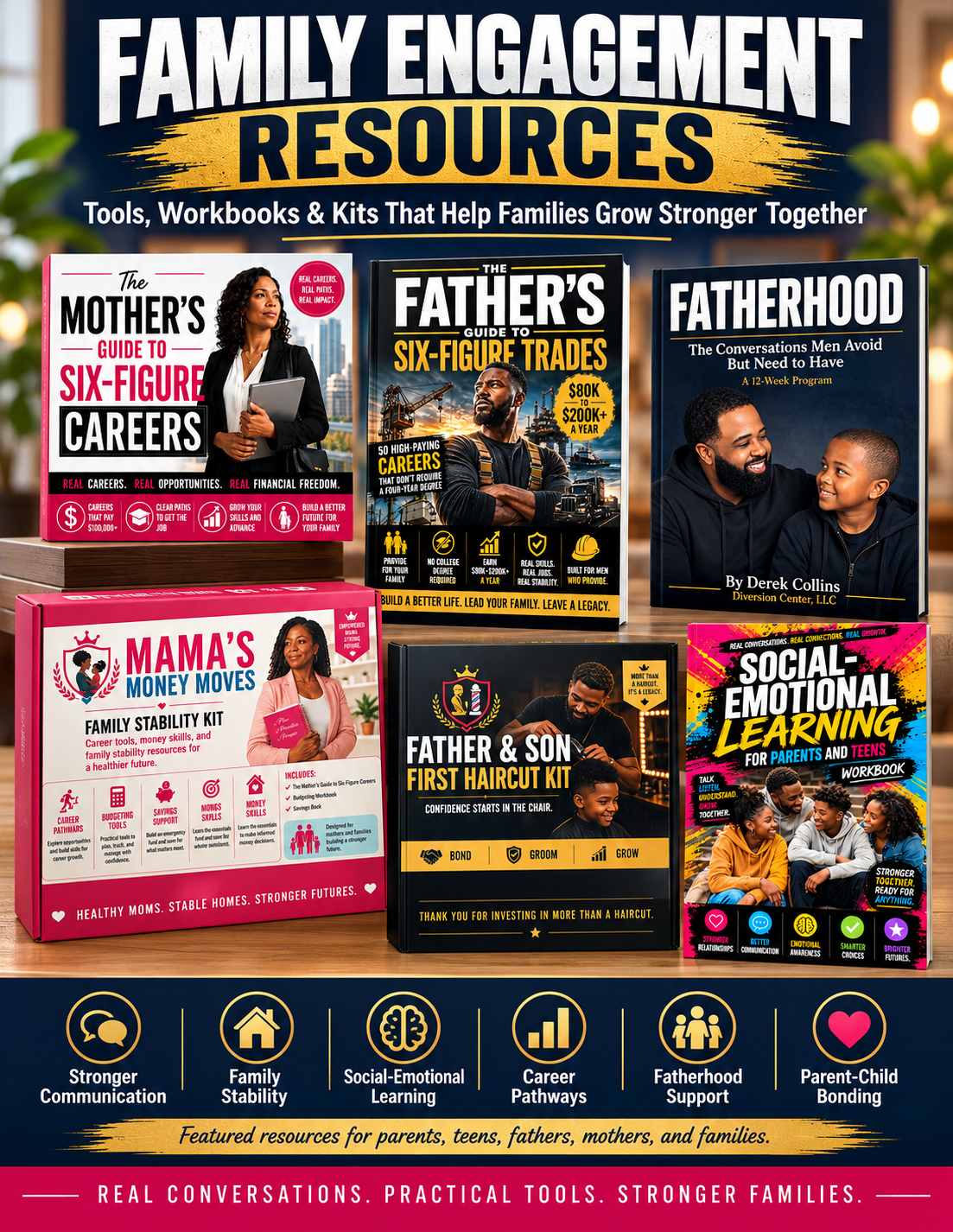 Family engagement resources showcase featuring Mother's Guide to Six Figure Careers, Father's Guide to Six Figure Trades, Fatherhood, Social Emotional Learning for Parents and Teens, and family resource kits