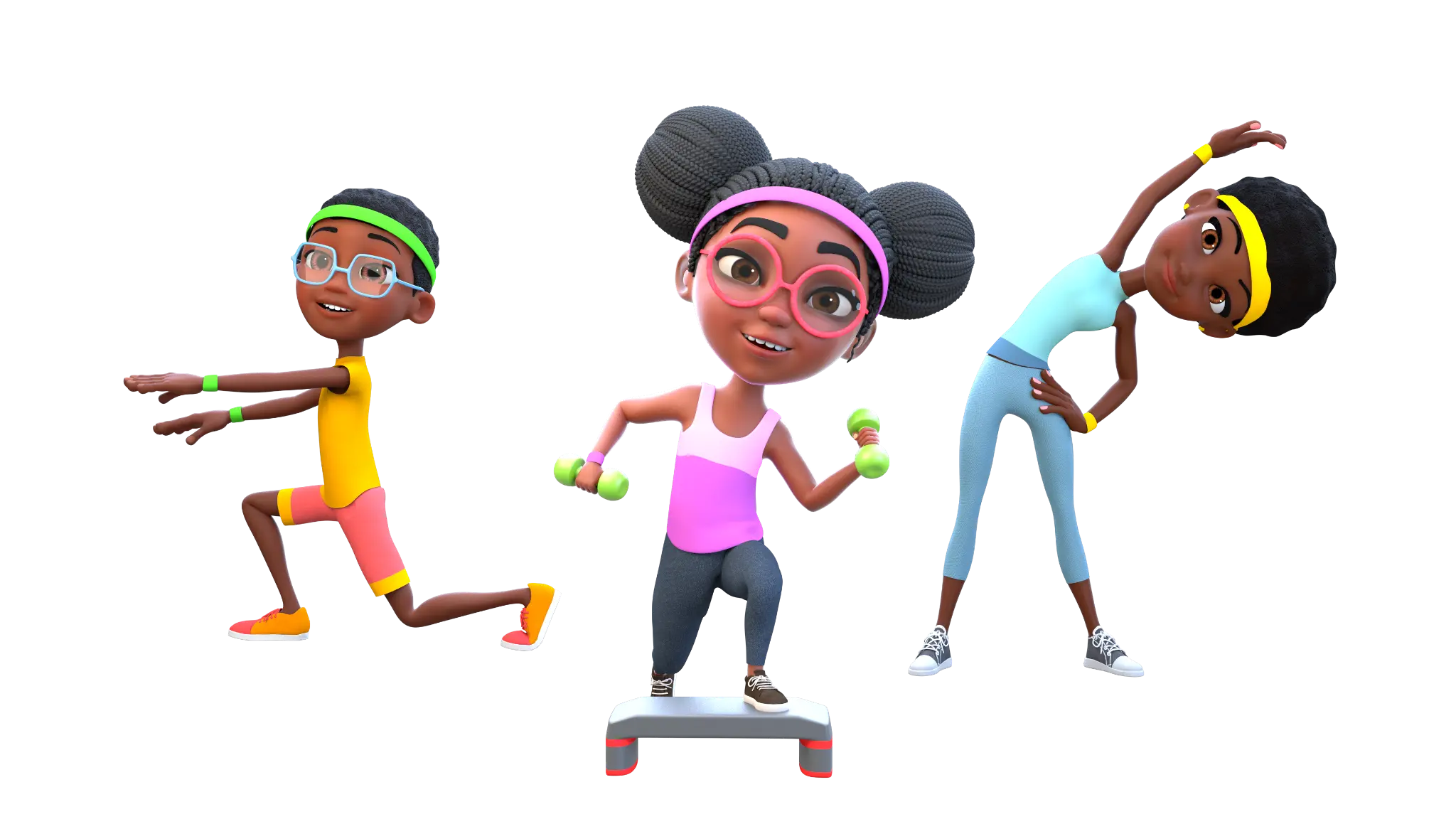 Gifted & Fit characters demonstrating a family wellness program